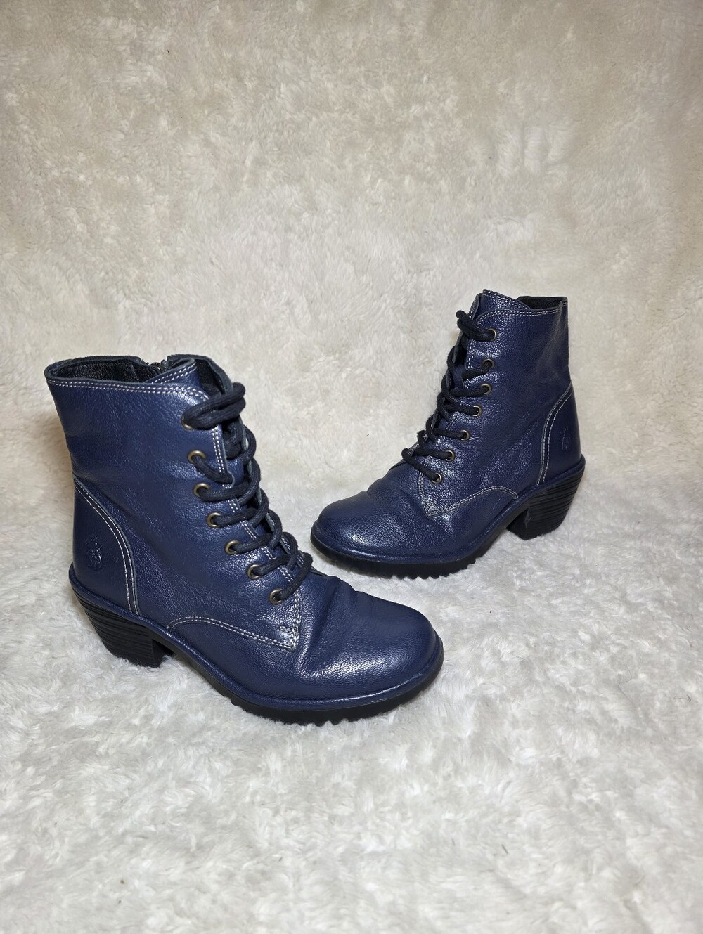 FLY LONDON Blue Leather Lace Up Zip Ankle Boots EU 37 US 6.5 Chunky Heel Booties